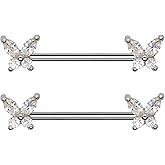 Pierce2GO Pair of Anodized Gold & Silver 316L 14G Butterfly Nipple Rings with CZ Stones Piercing Women