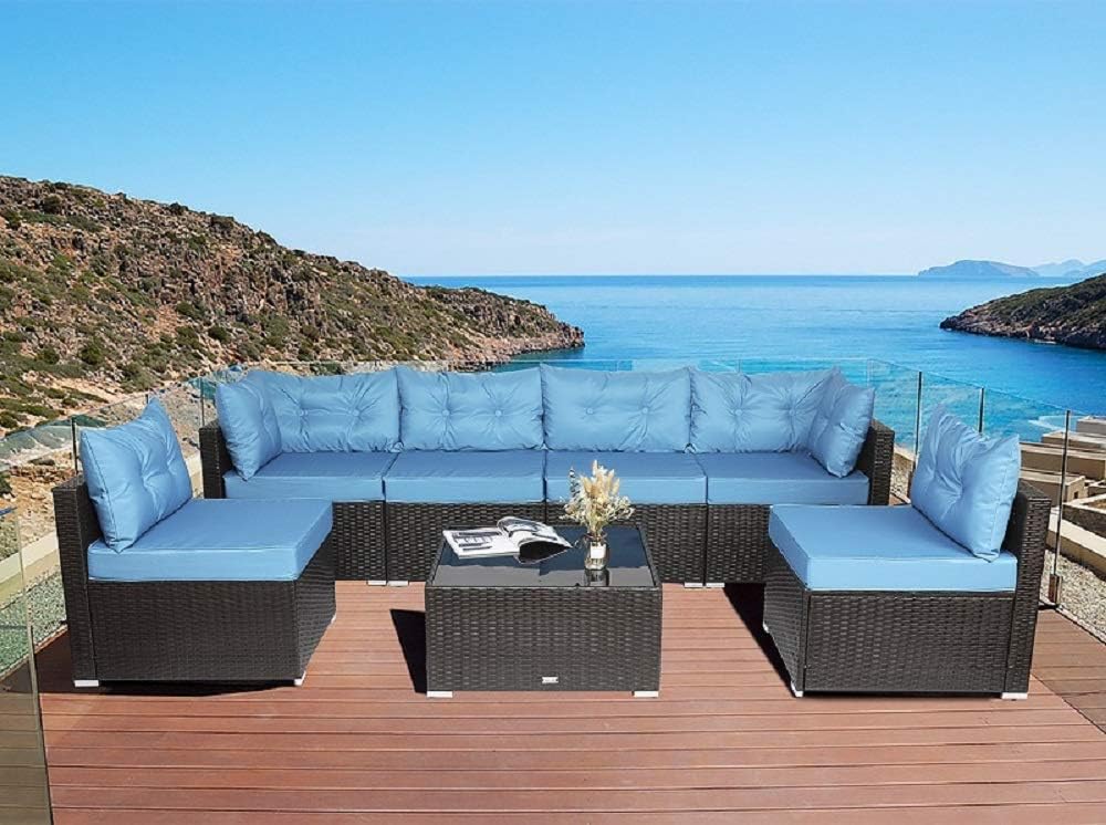 Urest Patio Furniture Sets 7 Pcs Rattan Furniture Chair Wicker Set,Outdoor Indoor Use Backyard Porch Garden Poolside Balcony Furniture in Brown and Blue