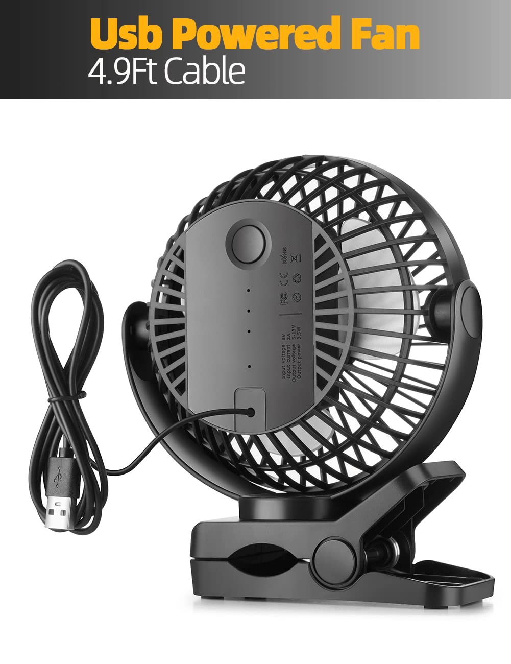 Viniper 6 inch USB Clip on Fan, Portable Small Desk Fan : 360° Rotation, 3 Speeds Wind Table Fan, Quiet Powerful for Home,Office (USB Powered Fan Not Rechargeable) - Black