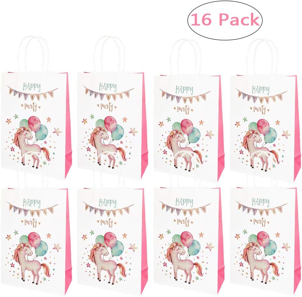 Yuccer 16 Pack Unicorn Party Gift Bags Paper Party Bags with Handles Favor Bags for Kids Birthday Party, Baby Shower, Unicorn Theme Party