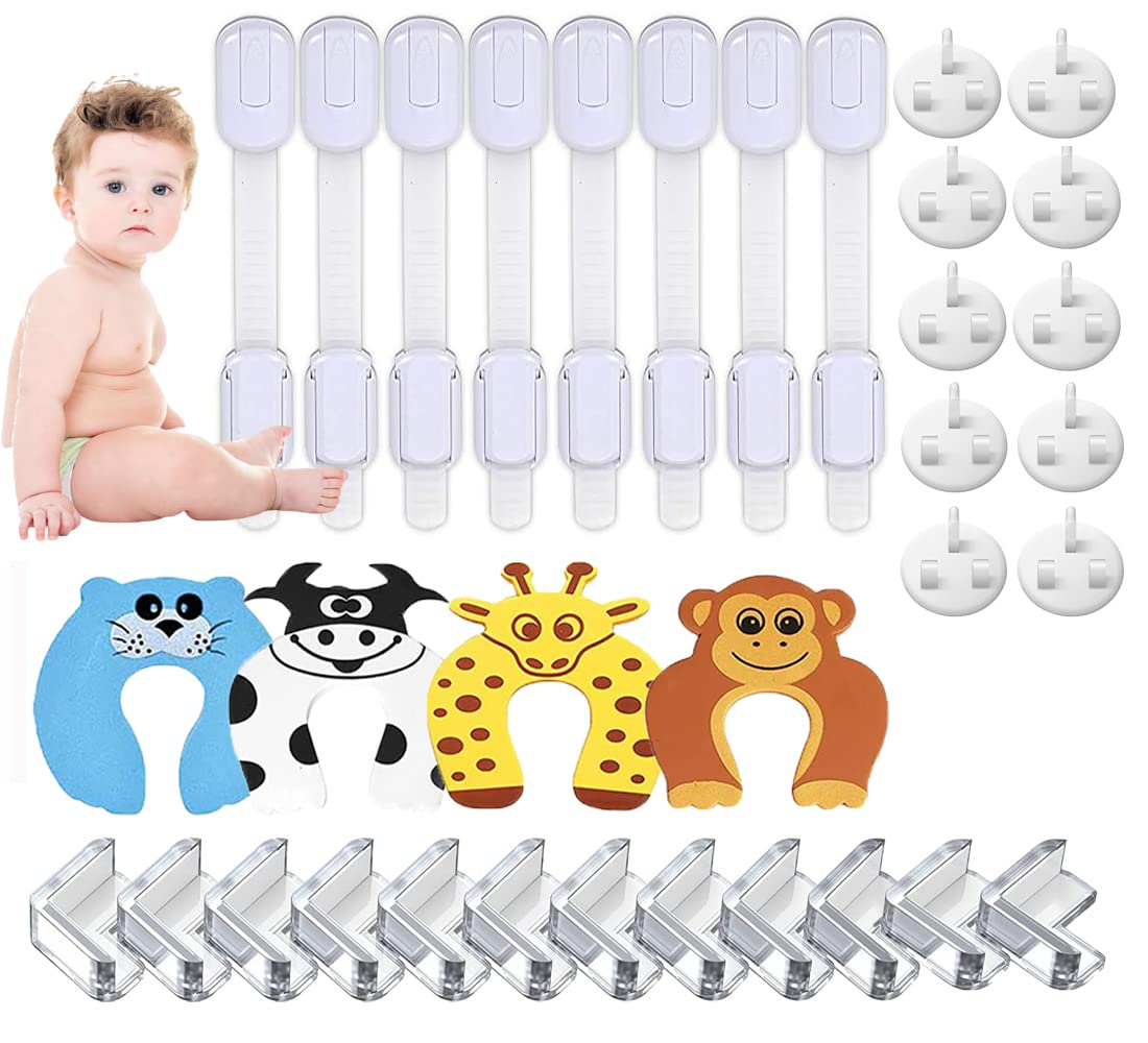 Baby Proofing Kits, Child Safety Cupboard Locks Table Corner Protectors for Kids Door Finger Pinch Guards Safety Baby Home Socket Covers (34Pcs)