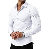 PLEPAN Men's Slim Fit Stretch Dress Shirt Stain Proof Wrinkle-Free Muscle Fit Long Sleeve Button Down Formal Shirt