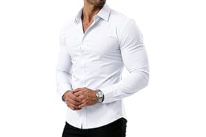 PLEPAN Men's Slim Fit Stretch Dress Shirt Stain Proof Wrinkle-Free Muscle Fit Long Sleeve Button Down Formal Shirt