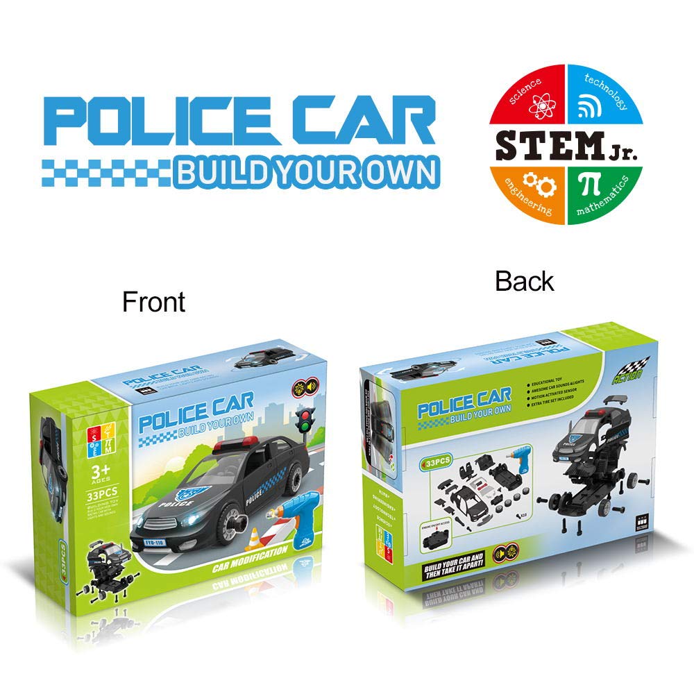 STEM Police Car Toy Limei Building Toy Car Vehicle Assemble by Power Drill with Realistic Lights and Sound Learning Educational Toy for Toddlers Kids by Noble Toys Factory(33Pcs)