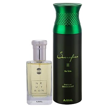 Ajmal Neutron EDP Citrus Fruity Perfume 100ml for Men and Sacrifice II for Him Deodorant Fruity Aromatic Fragrance 200ml for Men+ 2 Parfum Testers FREE