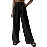 SHENHE Women's Wide Leg Pants with Pockets High Waist Drawstring Casual Textured Travel Pants