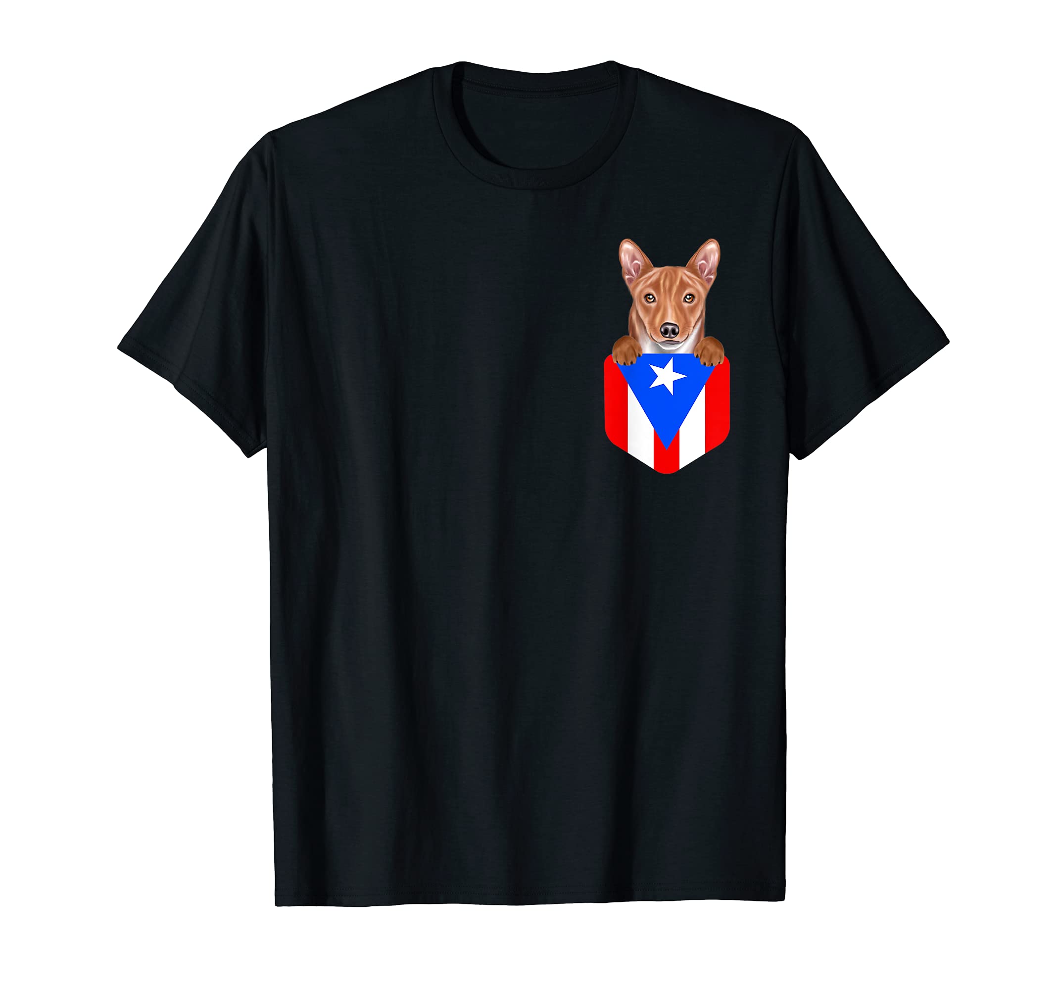 Puerto Rico Flag Basenji Dog In Pocket T-Shirt