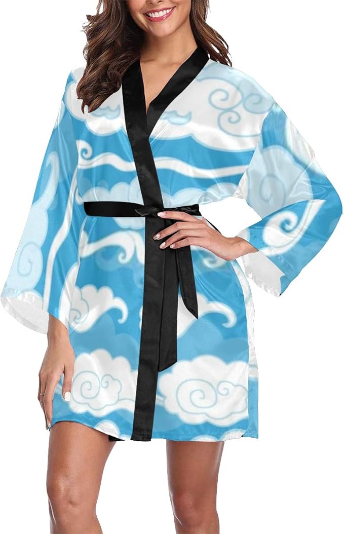 Robe Traditional Oriental Ornament Clouds On Blue Kimono Robes Silk