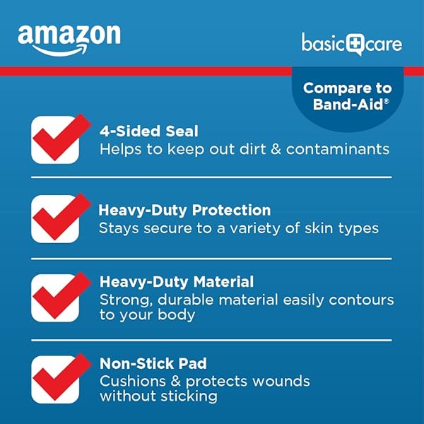 AMAZON BASIC CARE HEAVY-DUTY FABRIC ADHESIVE BANDAGES, FIRST AID AND WOUND CARE SUPPLIES, ONE SIZE, 100 COUNT