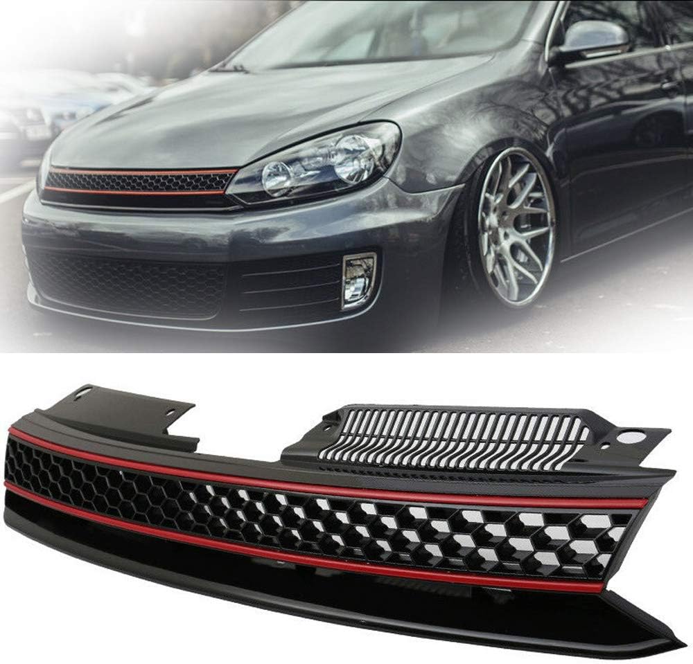 Grille Fits for 10-14 VW Golf 6 MK6 GTI Style Front High Bar Black Red Mesh- ABS