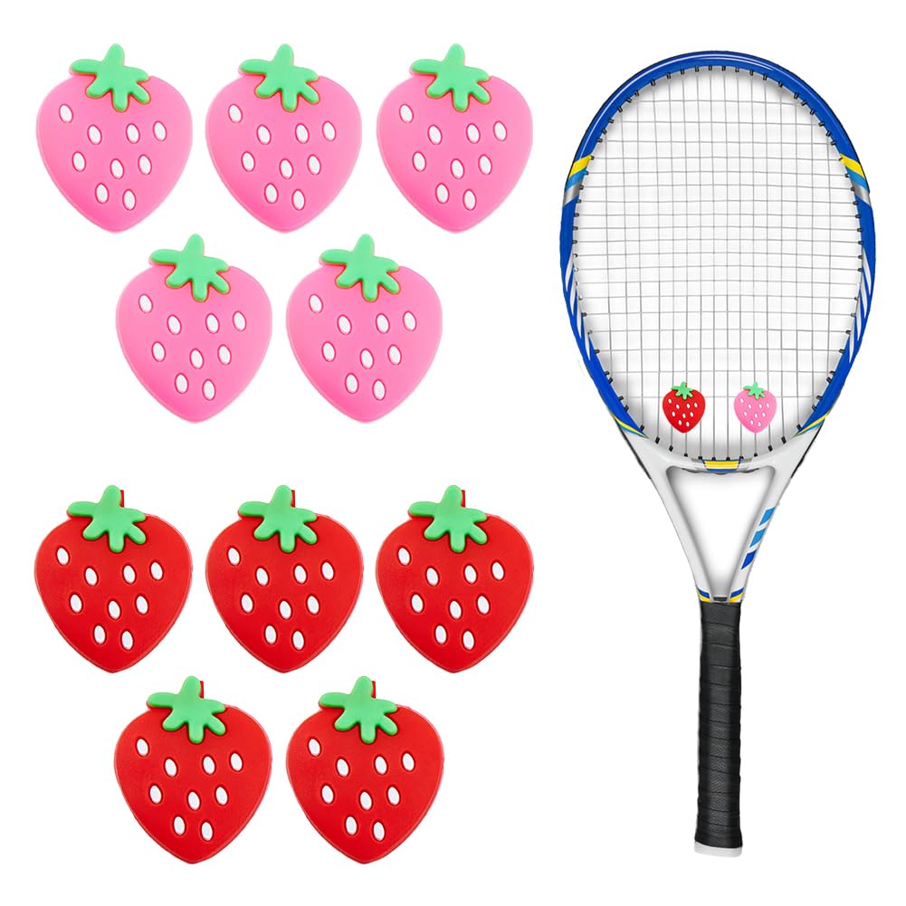 SUPERFINDINGS 10Pcs 2 Colors Strawberry Tennis Dampeners Soft Silicone Racket Shock Absorbers Cute Cartoon Vibration Dampeners for Women Tennis Players Tennis Racket Protection