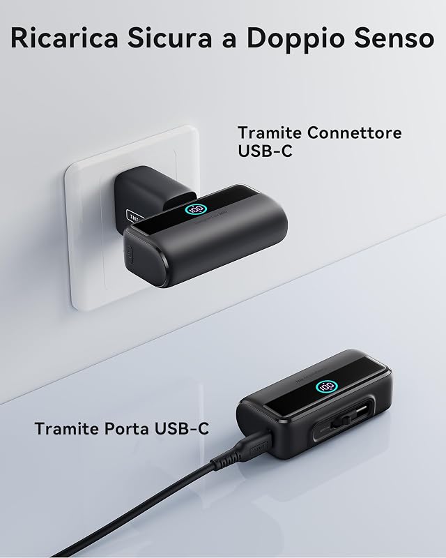 22.5W 5500mAh Power Bank Mini, Caricatore Portatile Pieghevole PD USB-C, Ricarica Rapida Batteria Esterna Mini Powerbank con LED Display iPhone 16 15 14 13 Pro Max Samsung S23 iPad