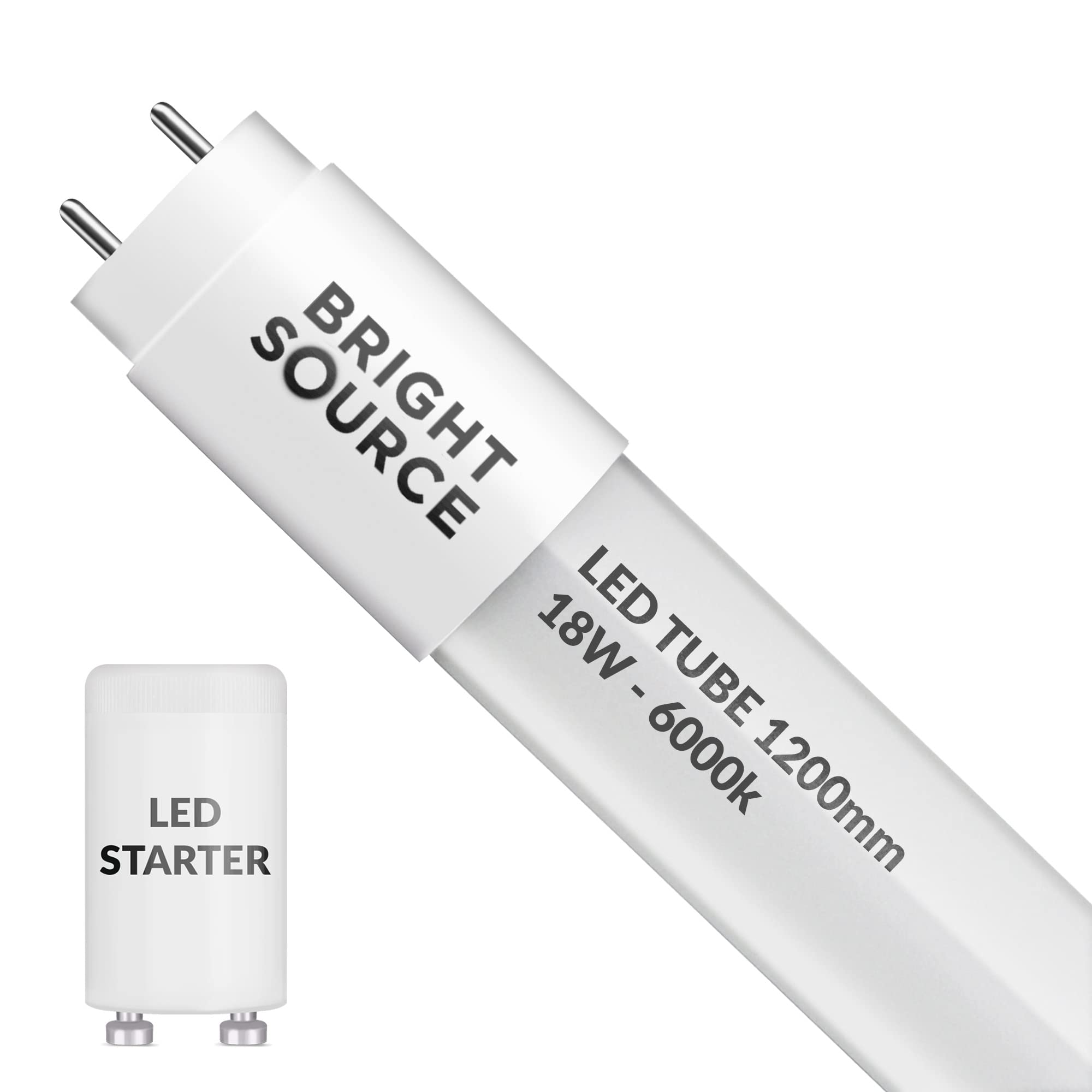 Bright Source 4ft (1199mm) 18w LED T8 Tube, 1620lm, 6000K Daylight White, Replacement for 36w T8 Fluorescent, Starter Included - Direct Mains or for use with Switch Start Fitting with Magnetic Ballast