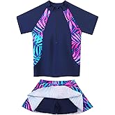 Girls Rash Guard Swimsuits Set 2 Pcs Bathing Suit UPF50+ Short Sleeve Kids Beach Swimming Skirts with Shorts Swimwear 3-14Y