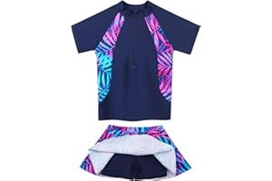 BAOHULU Girls Rash Guard Swimsuits Set 2 Pcs Bathing Suit UPF50+ Short Sleeve Kids Beach Swimming Skirts with Shorts Swimwear 3-14Y