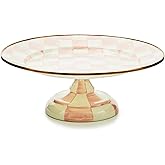 MACKENZIE-CHILDS Pedestal Platter, Small, Pink-and-White Rosy Check | Hand-painted design, made from enameled steel, stackable round cake stand for serving desserts, 12" dia. x 4.5" H