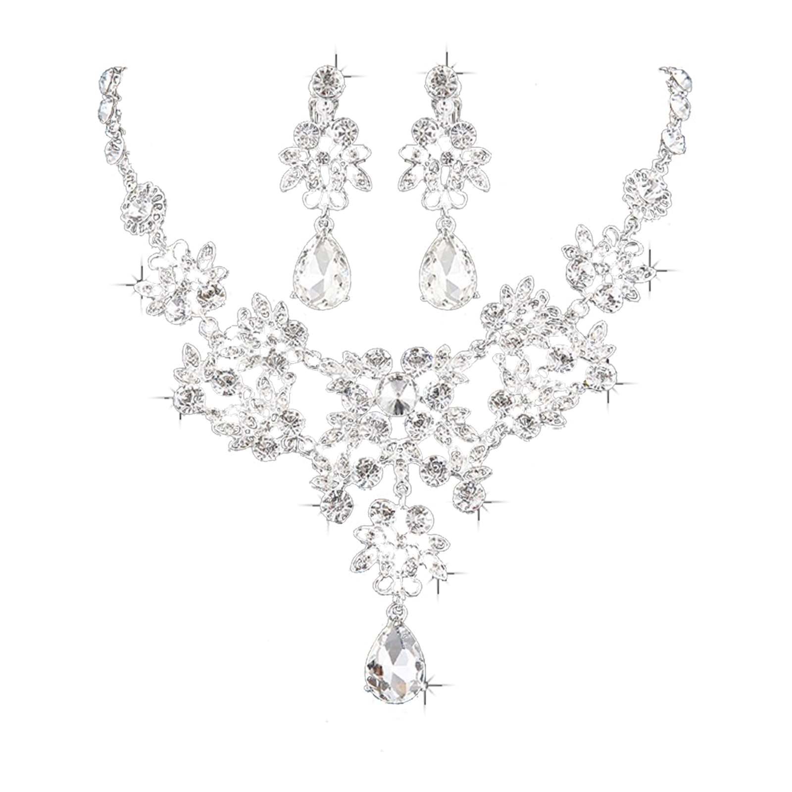 Doyime Necklace Earrings (Set of 2) Women's Bridal Earrings Set Bride Sparkling Crystal Birthday Recitals Mother's Day Christmas Present Accessory Silver