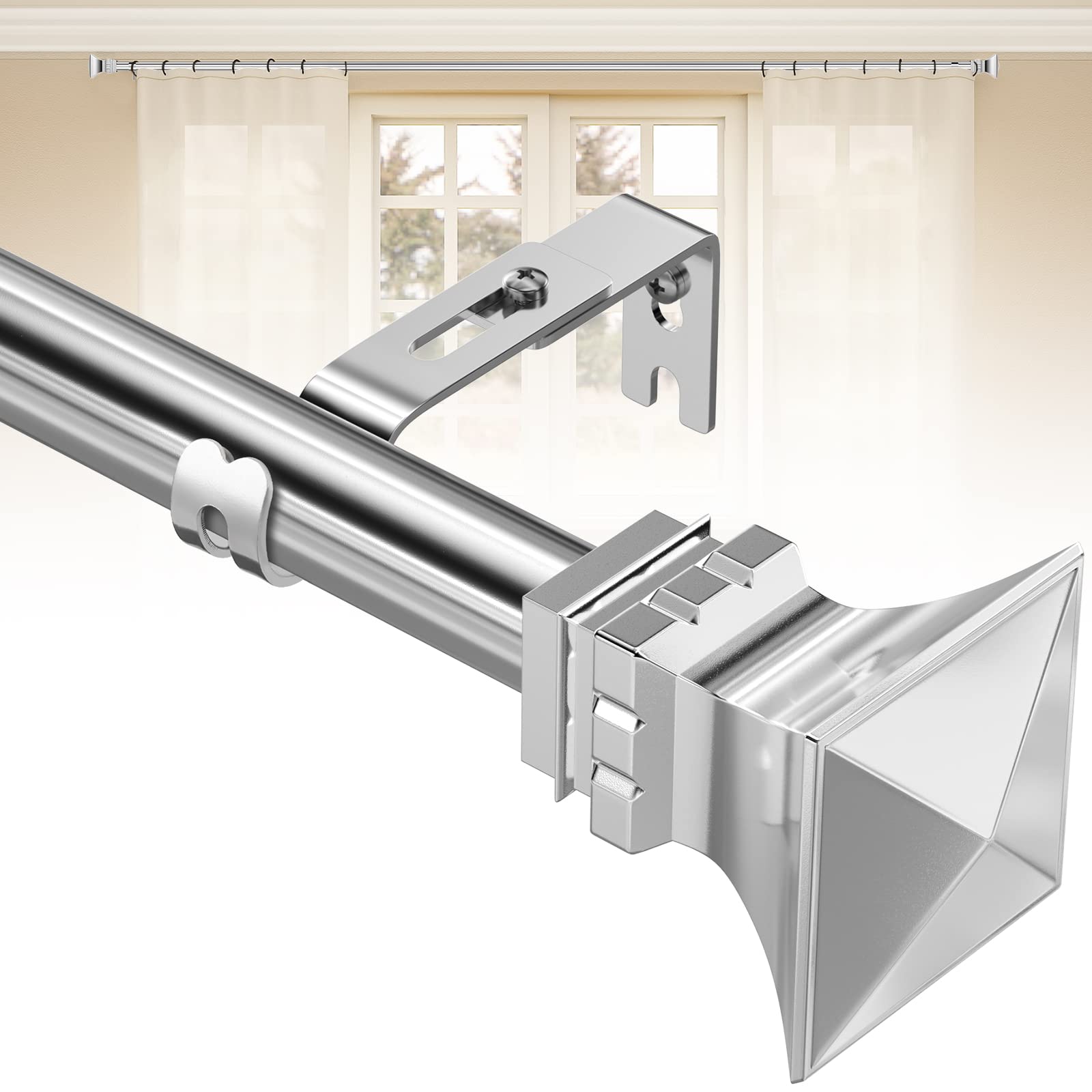 INFLATION Curtain Poles, Silver Heavy Duty 76-224 cm Curtain Rods for Windows, Easy Install Rust Proof Decorative Finials Drapery Rods for Outdoor Patio, Bedroom, Living Room