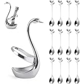Stainless Steel Silver Creative Dinnerware Set OIULO - Decorative Swan Base Holder with 12 Leaf Spoons for Coffee, Fruit,Dessert,Stirring, Mixing, Sugar, Stir, Ice Cream, Cake, Teaspoon (Silver)