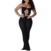 RISCUYY Sexy Jumpsuits for Women Lace Tie Back Halter Hollow out Rompers Trendy Stretchy Club Outfits