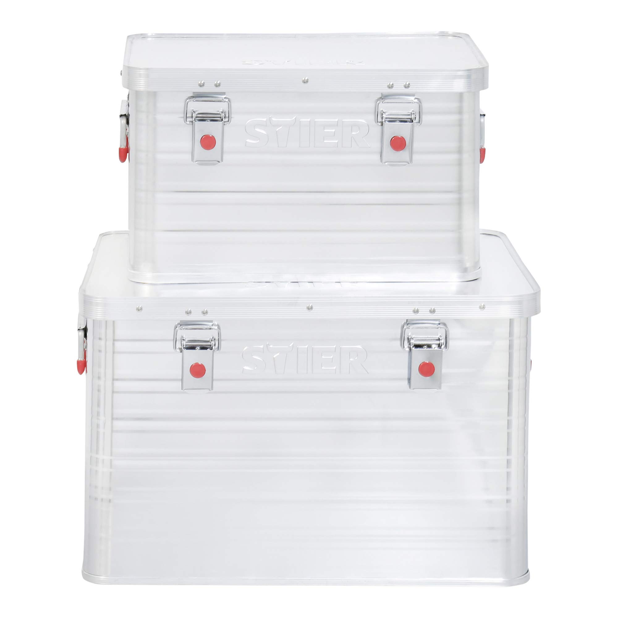 STIER Alubox Set, 30L und 65L, stapelbare Transportkisten, Staub- und spritzwasserresistent mit Gummidichtung und Klapphandgriffen, großes Fassungsvermögen 2