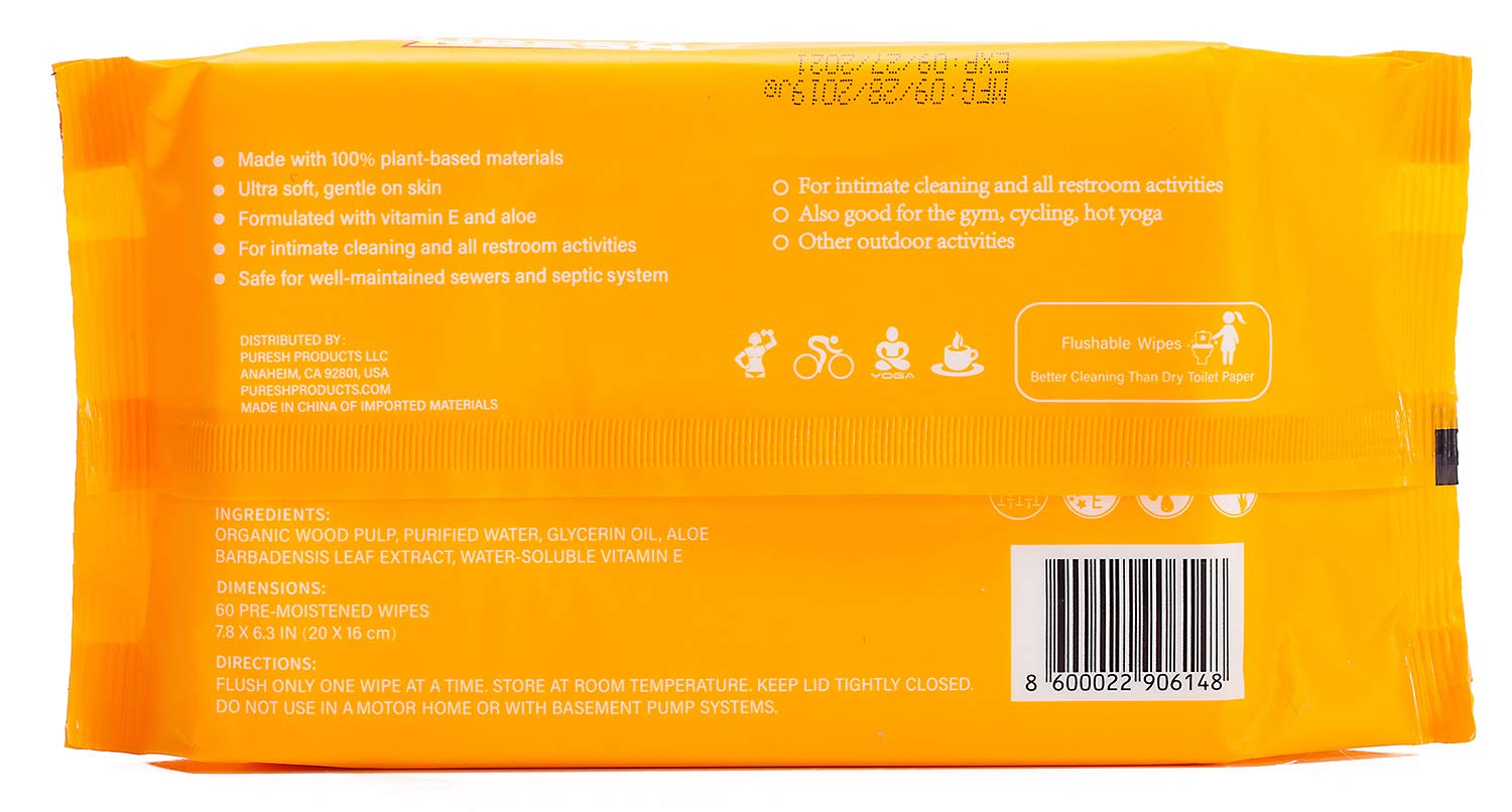 Puresh Feminine Wipes for Women Adults, Large Flushable Wet Wipes with Jasmine Scent, Vitamin-E & Aloe for at-Home Use, General Purpose Personal Cleaning, Sewer Safe (60 Count, 5 Pack Total 300 Wipes): Beauty