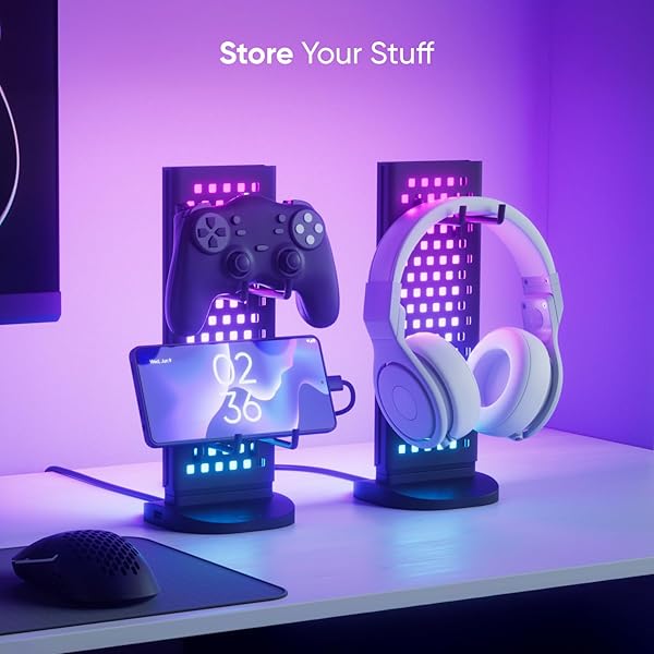 NANOLEAF PEGBOARD DESK DOCK, 3-IN-1 SMART TABLE LAMP WITH DUAL-SIDED LED LIGHTING, USB-A & USB-C CHARGING, 50 LUMENS, 64 RGB LEDS, WORKS WITH NANOLEAF DESKTOP APP, BLACK