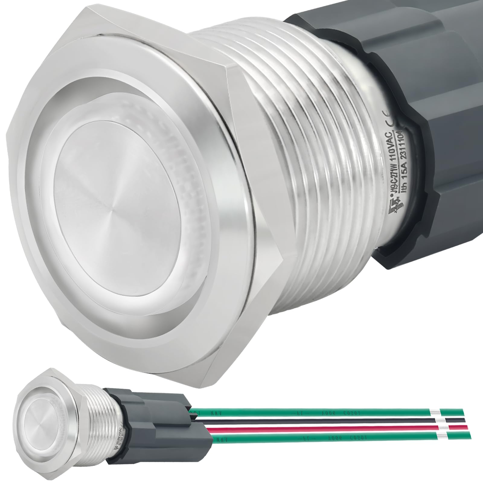 Photo 1 of 15Amp 19mm Latching Push Button Switch 110V-120V Waterproof IP67 Power Button 1NO SPST White LED Light Self-Locking On Off 3/4'' with Wire Socket