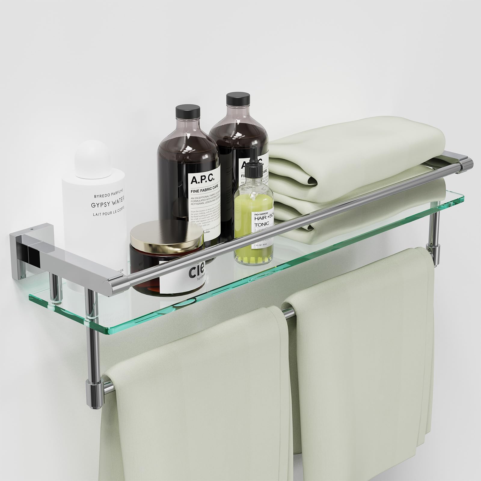 Photo 1 of 24 Inches Floating Glass Shelves for Wall with Towel Bar/Track, SUS 304 Stainless Steel Railing Tempered Glass Shelf, for Toilet, Room Decor Modern (Chrome Polished, 24-inch)