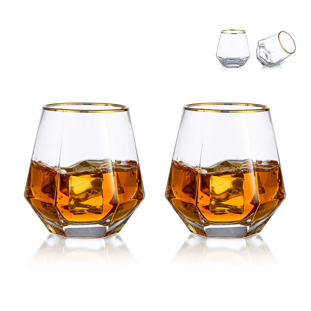 Diamond Whiskey Glasses Set of 2 Water Juice Tumbler Tilted Scotch Glass 300ml Whisky Glass Modern Look Glassware for Bourbon/Rum/Bar Tumbler