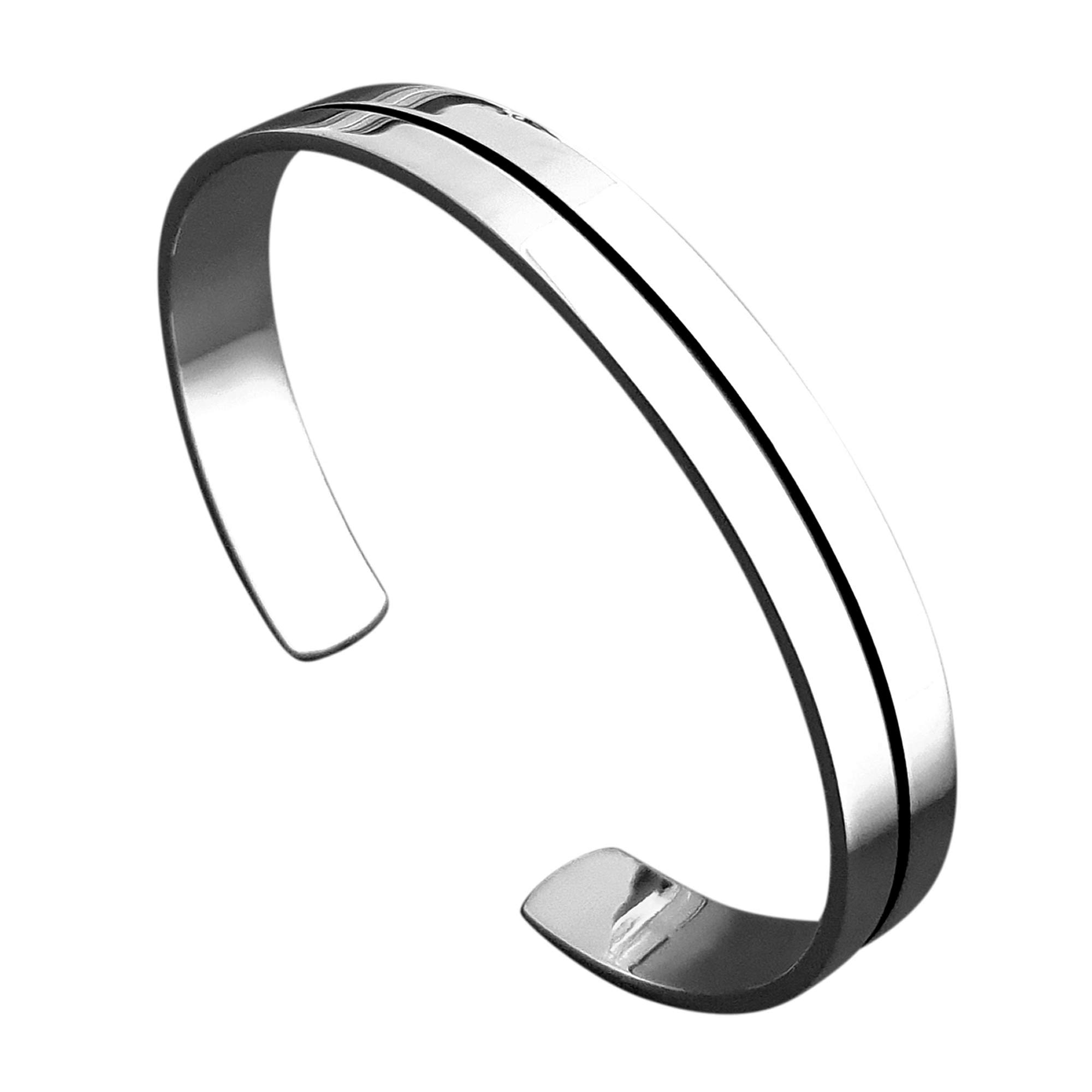 Treasure Bay Men's Solid 925 Sterling Silver Bangle Flat Torque Style Black Line Silver Bangle