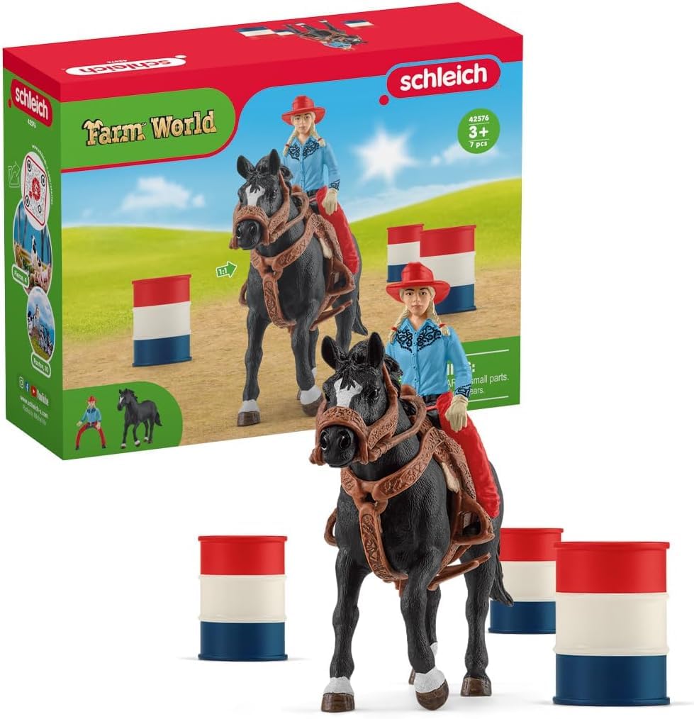 Figurine Cowgirl et Tonneaux de Racing, avec figurine et cheval, Schleich 42576 Farm World