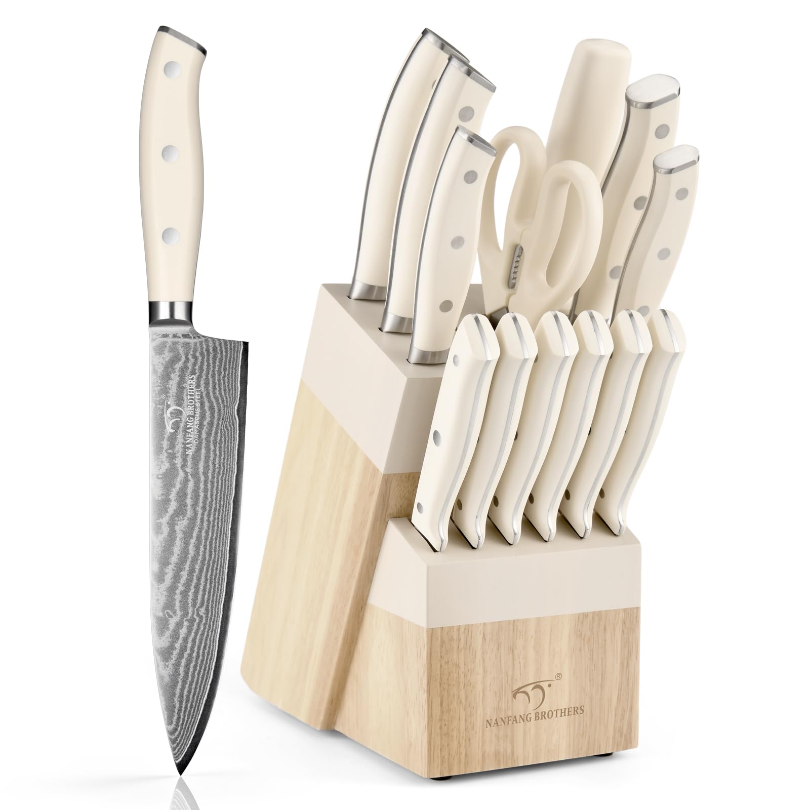 NANFANG BROTHERS Damascus Kitchen Knife Set 14 Pieces with Shears & Sharpener - VG10 Damascus Steel, ABS Ergonomic Handle, Wooden Block Storage White Image