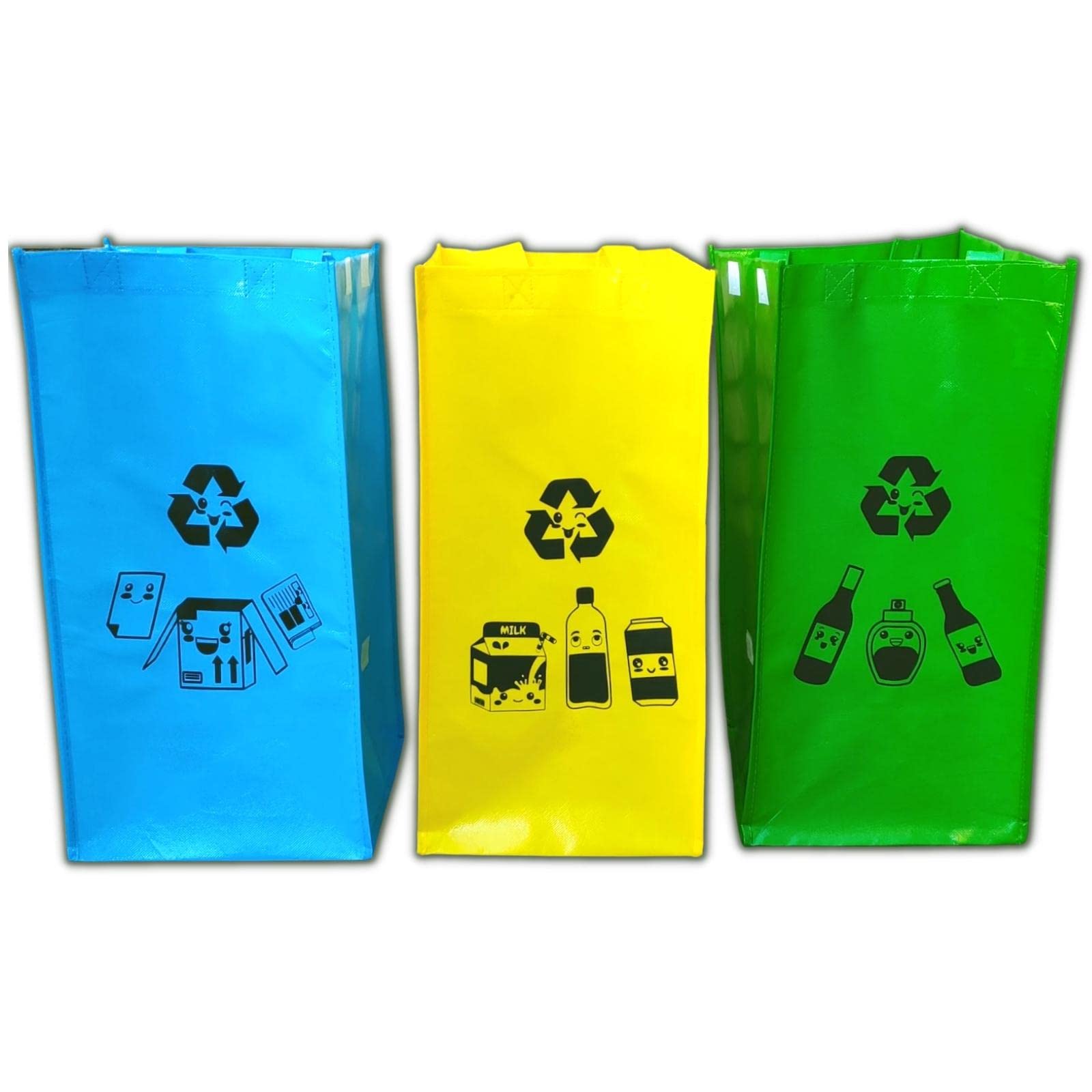 Recycling Bags with Colors and Kawaii Cartoon - Reinforcement for use as plastic, glass, paper and cardboard recycling bins