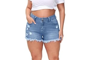 Gocolloa Women Plus Size Jean Shorts Sexy Stretchy High Waisted Frayed Raw Hem Denim Shorts