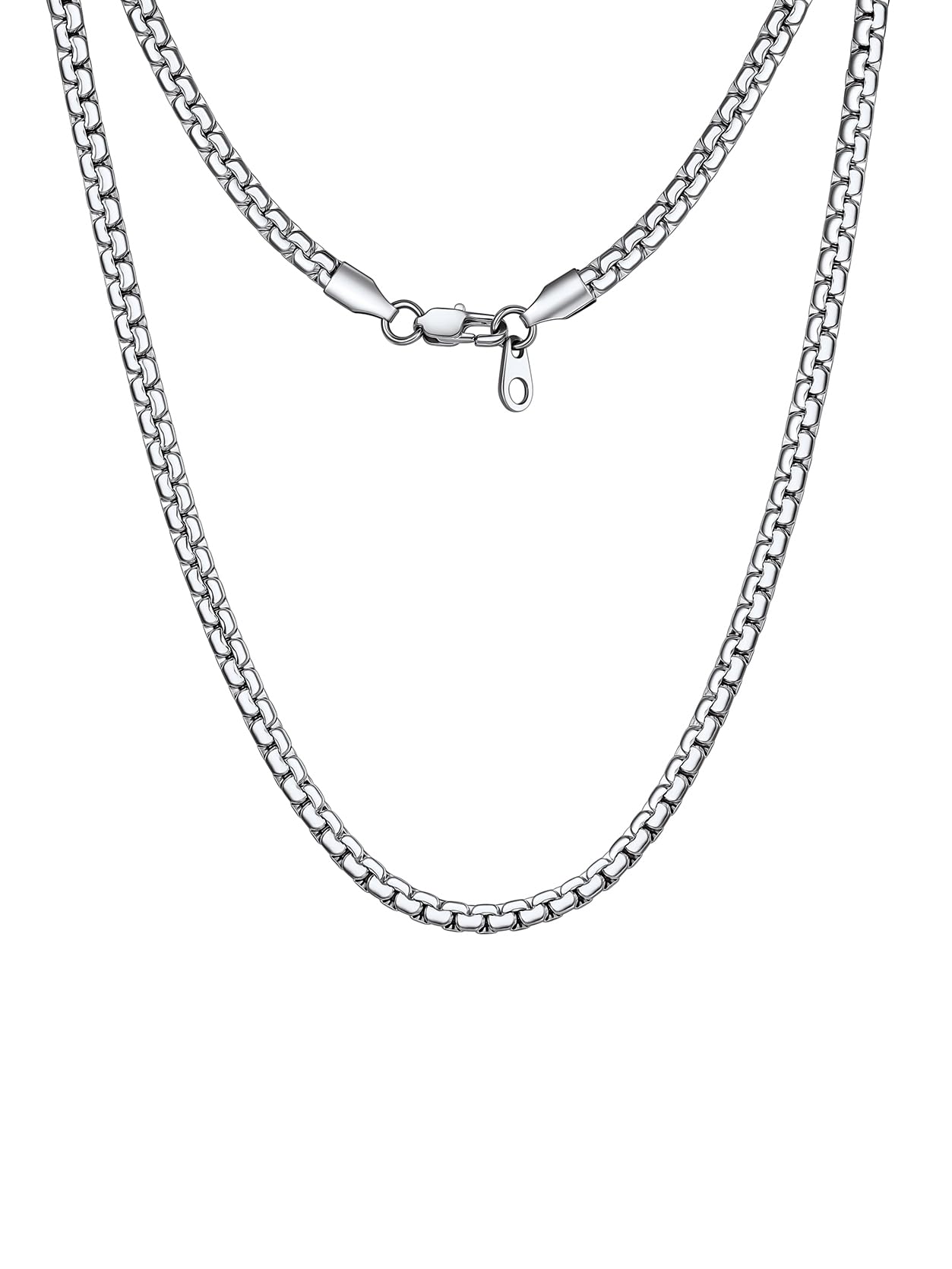 GoldChic Silver Mens Necklaces Flat Box Chain for Men Stainless Steel 4MM 26 inches Sturdy Link Chain Durable Clasp Hypoallergenic Men's Necklaces Jewellery Gift