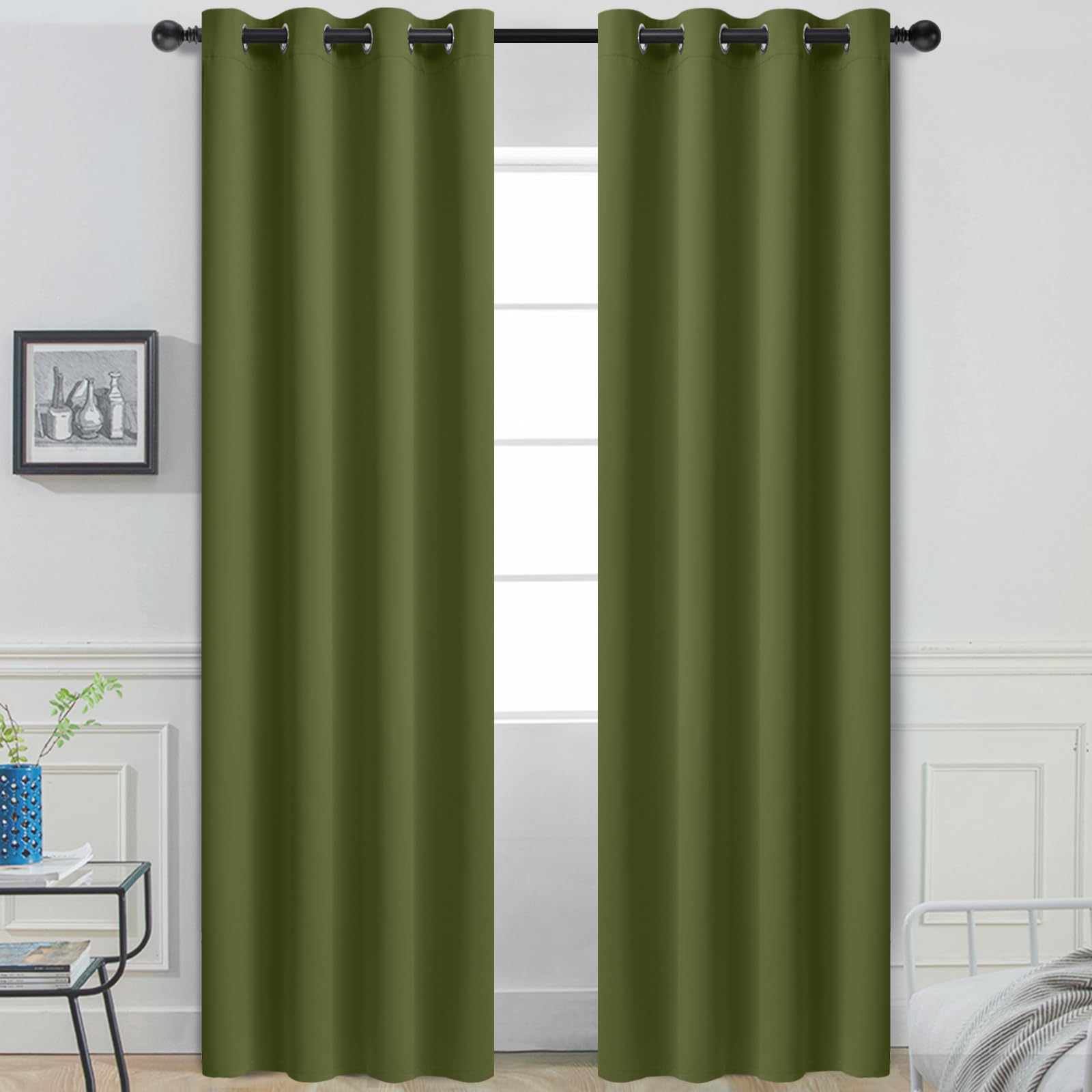 Photo 1 of Yakamok Olive Green Curtains 84 Inches Length Blackout Curtain for Bedroom-Green Room Darkening Thermal Insulated Grommet Drapes for Living Room, 52W x 84L,2 Panels