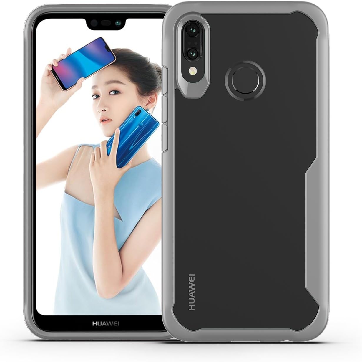 Huawei P20 Lite Case, Lisuixi [ Transparent Back Cover+Soft Rubber Bumper ] Premium Clear Case and Silicone Bumper Frame Shock Absorption Anti-Scratch Hybrid Cover for Huawei P20 Lite/Nova 3e Gray