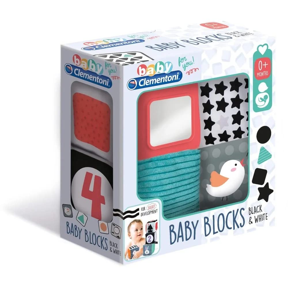 Clementoni - Baby Clementoni: Black & White Cubes for Toddlers, 4 Soft Blocks for Newborn Baby Sensory Development, Ideal for Early Learning and Motor Skills, Safe and Durable Baby Toy (0+ Months)