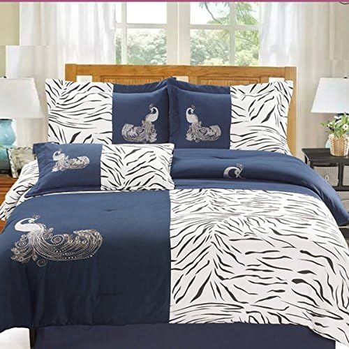 Dovedote 5 Piece Peacock Animal Print Microfiber Comforter Set, King, Navy Blue