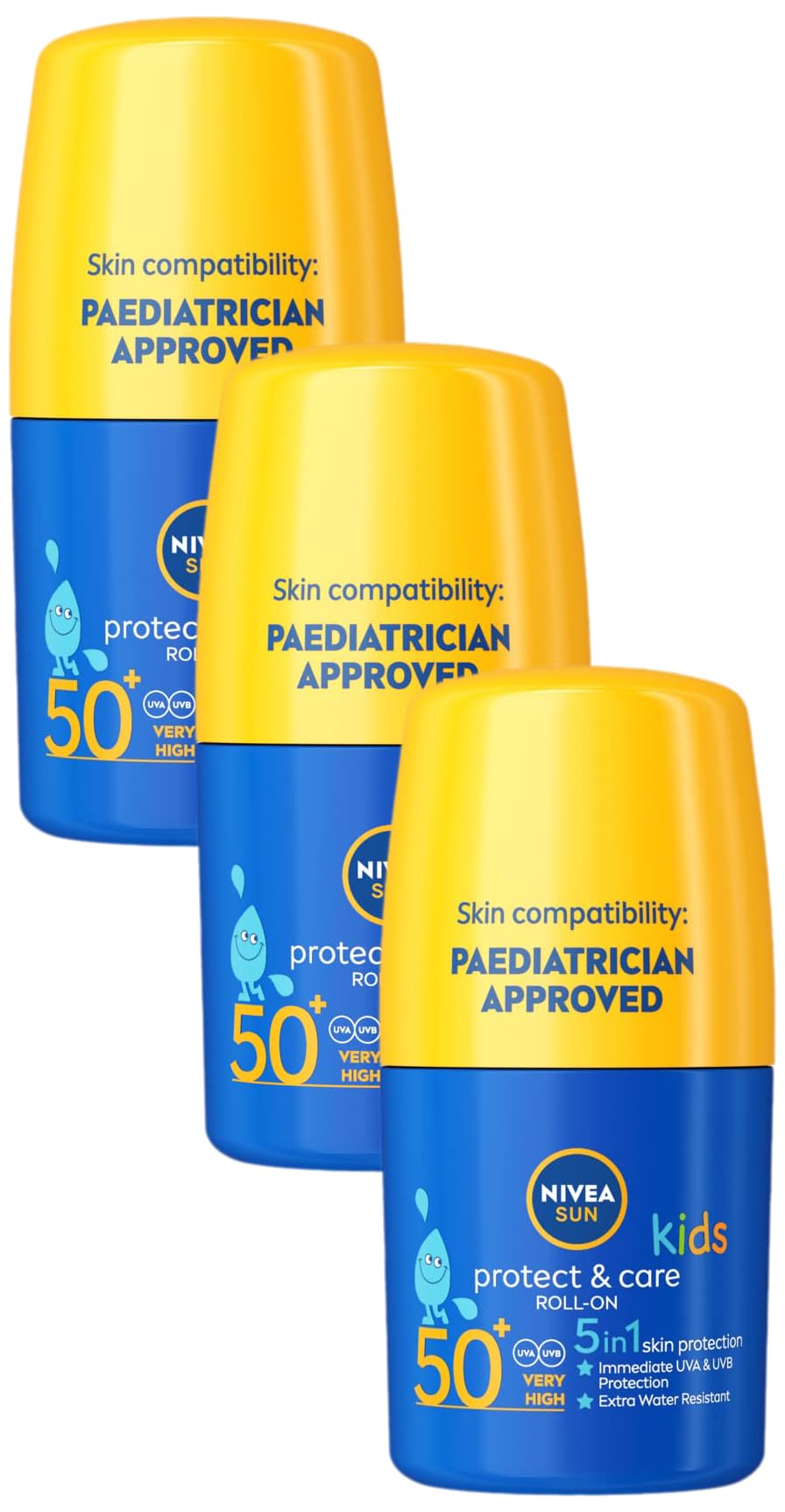 NIVEA Sun Kids Protect & Care SPF 50+ Roll On (50ml), Sunscreen with SPF 50, Roll-On Kids Sun Cream for Delicate Skin, Immediately Protects Against Sun Exposure (Pack of 3)