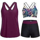 Holipick 3 Piece Tankini Swimsuits for Women Tummy Control Bathing Suits Swim Tank Top with Bra Boy Shorts Teen Swimwear