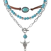 JRAIYBZ Layered Western Necklaces for Women,Vintage Turquoise Beaded Necklaces,Western Jewelry for Women,Ox-head Cactus Cross Chain Necklaces, Country Concert Cowgirl Dresses Accessories (1539)