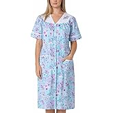 Women's Short Sleeve Woven Snap-Front Closure Floral Embroidery Housecoat Duster Lounge Nightgown Robe with Front Pockets