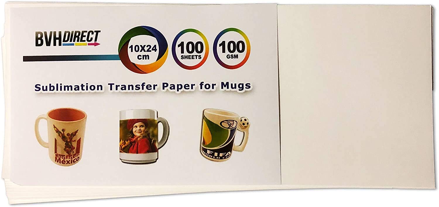 BVH Direct Mug Size Pre-Cut Sublimation Paper 100gsm (100 Sheets) for EPSON, RICOH, and SAWGRASS 24x10CM Subli Style