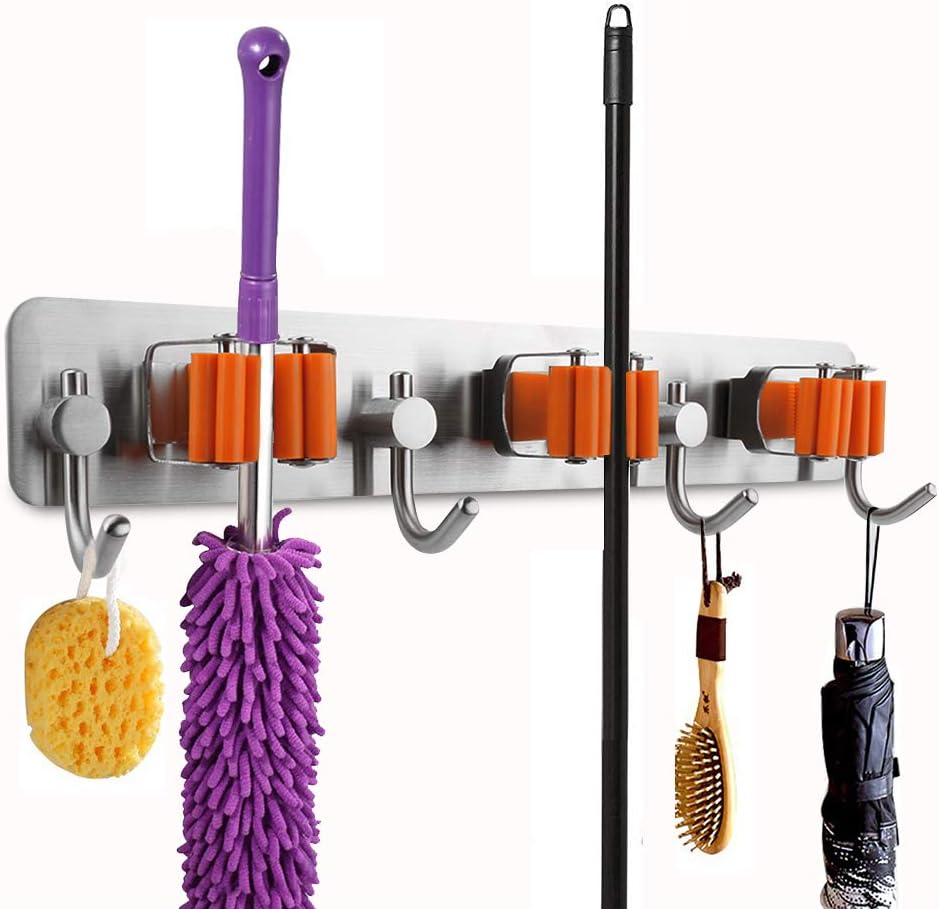 Stainless Broom Mop Holder, 3M Self Adhesive Mop Clip Grip for Closet, Rakes, Garden, Garage Storage Broom Hook (3 Positions 4 Holders)