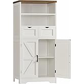 TEENFON Farmhouse Storage Cabinet with Doors & 2 Drawers, Kitchen Pantry Storage Cabinet with Adjustable Shelf, Bathroom Cabi
