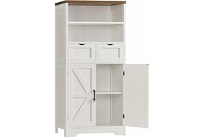 TEENFON Storage Cabinet with Doors & 2 Drawers, Kitchen Cabinet with Adjustable Shelf, Pantry Cabinets, Bathroom Cabinets, for Living Room, Entryway, Home Office, White