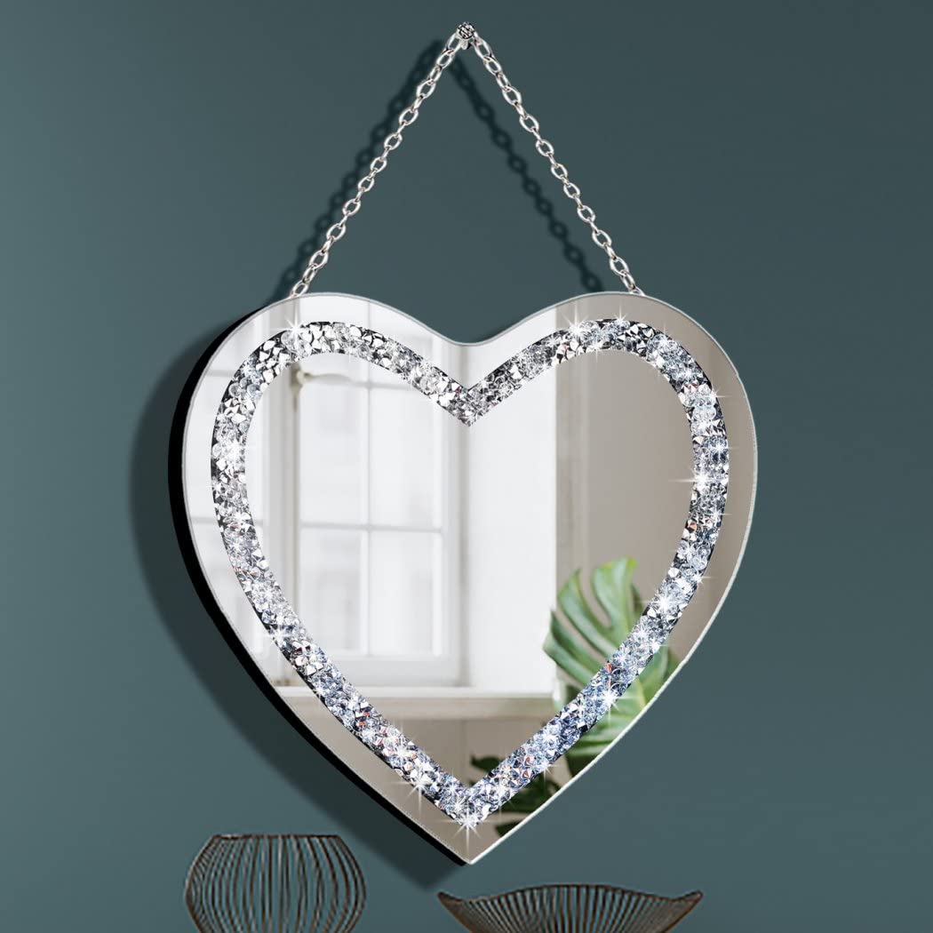 DMDFIRST Crystal Crush Diamond Heart Shaped Silver Mirror with Silver Stainless Steel Chain for Wall Decoration 12x12x0.5 inch Frameless Glam Mirror Image DMDFIRST Crystal Crush Diamond Heart Shaped Silver Mirror with Silver Stainless Steel Chain for Wall Decoration 12x12x0.5 inch Frameless Glam Mirror Image