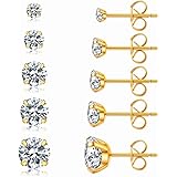 5 Pairs Stud Earrings Set, Hypoallergenic Cubic Zirconia 316L Earrings Stainless Steel CZ Earrings 3-8mm, Rose Gold